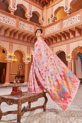Pink Soha Pashmina Kashmiri Modaal Silk Handloom Ocassional Weaving Collection Saree With Blouse For Women 4