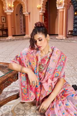 Pink Soha Pashmina Kashmiri Modaal Silk Handloom Ocassional Weaving Collection Saree With Blouse For Women 5