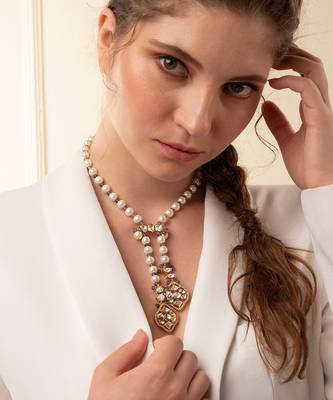 White Pearl Long Necklace With Polki 1