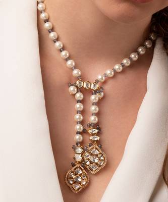 White Pearl Long Necklace With Polki 2