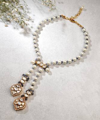 White Pearl Long Necklace With Polki 3