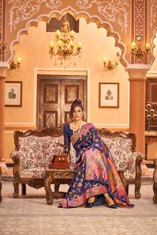Navy Blue Soha Pashmina Kashmiri Modaal Silk Handloom Ocassional Weaving Collection Saree With Blouse For Women