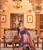 Navy Blue Soha Pashmina Kashmiri Modaal Silk Handloom Ocassional Weaving Collection Saree With Blouse For Women