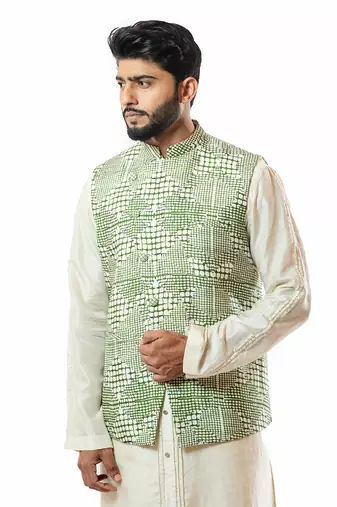 Forest Green Printed Nehru Jacket Set