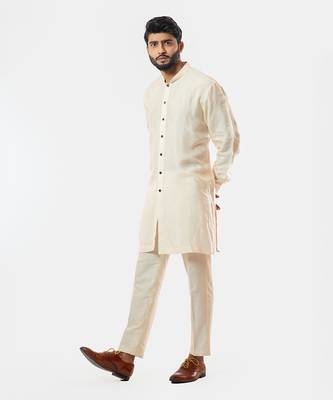 Soft Cream Front Open Short Kurta Set 1