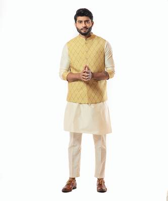 Mustard Yellow Printed Nehru Jaket Set 1