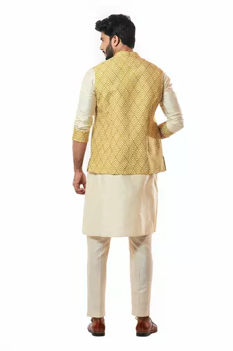Mustard Yellow Printed Nehru Jaket Set