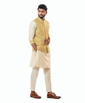 Mustard Yellow Printed Nehru Jaket Set 3