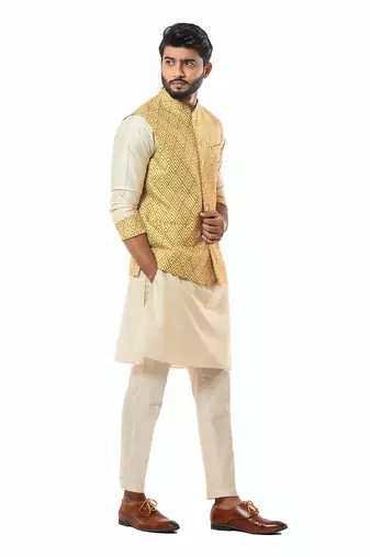 Mustard Yellow Printed Nehru Jaket Set