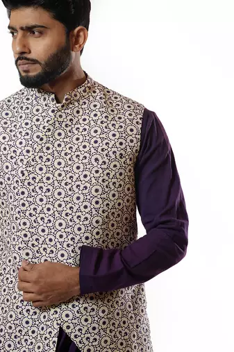 Ivory Printed Nehru Jacket Set
