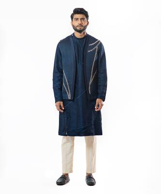 Navy Blue Embroidered Nehru Jacket Kurta Set 1
