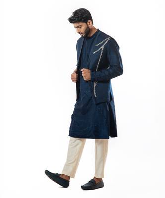 Navy Blue Embroidered Nehru Jacket Kurta Set 3