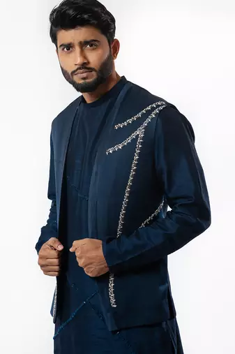 Navy Blue Embroidered Nehru Jacket Kurta Set