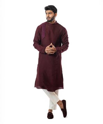 Wine Thread Knot Embroidered Side Collar Kurta Set 1