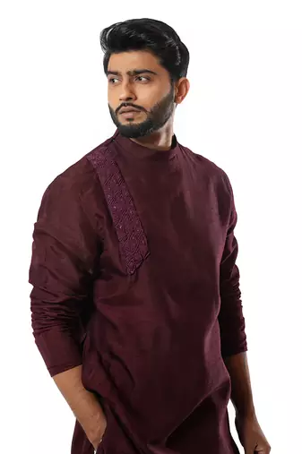 Wine Thread Knot Embroidered Side Collar Kurta Set