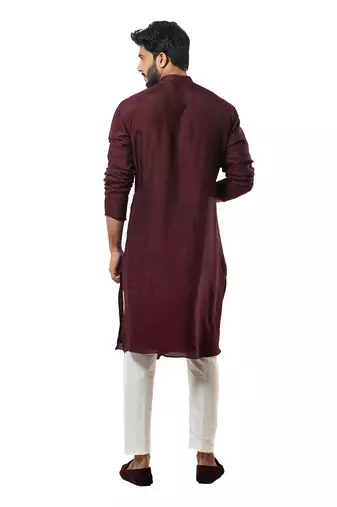 Wine Thread Knot Embroidered Side Collar Kurta Set