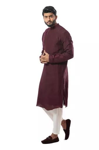 Wine Thread Knot Embroidered Side Collar Kurta Set