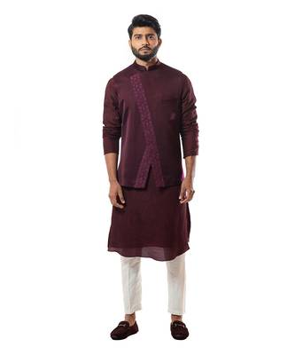 Wine Embroiderd Nehru Jacket Kurta Set 1