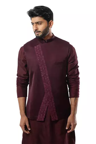 Wine Embroiderd Nehru Jacket Kurta Set