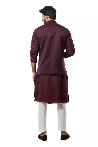 Wine Embroiderd Nehru Jacket Kurta Set