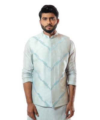 Ice Blue Pintuck Straight Nehru Jacket Set 4