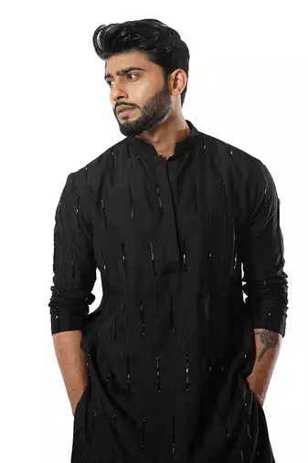 Black Pintuck Embellished Kurta Set