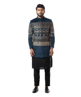 Deep  Blue Velvet Heavily Embroidered Bandhgala 1