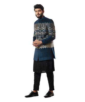 Deep  Blue Velvet Heavily Embroidered Bandhgala 2