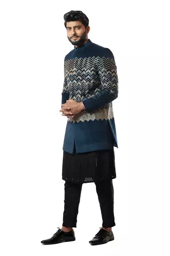 Deep  Blue Velvet Heavily Embroidered Bandhgala