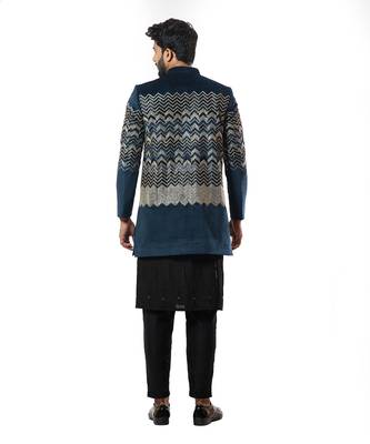 Deep  Blue Velvet Heavily Embroidered Bandhgala 3