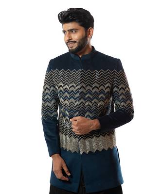 Deep  Blue Velvet Heavily Embroidered Bandhgala 4