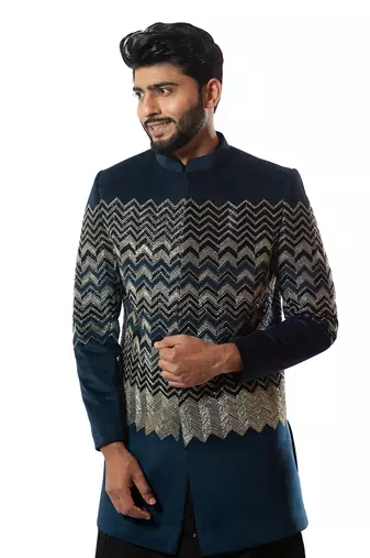 Deep  Blue Velvet Heavily Embroidered Bandhgala