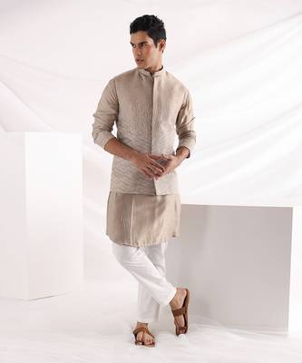 Beige Coastal Nehru Jacket Set 1