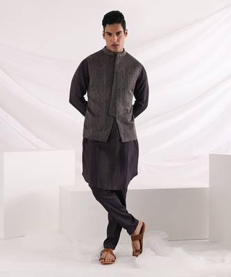 Charcoal Black Deep Sea Nehru Jacket Set 1