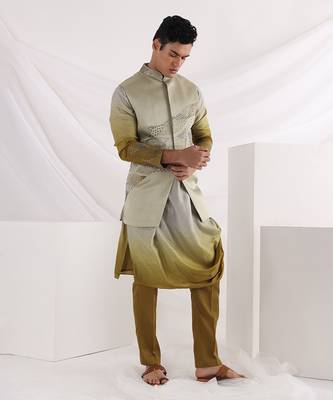 Olive Knot Embroidered Nehru Jacket Set 1