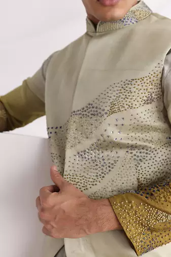 Olive Knot Embroidered Nehru Jacket Set