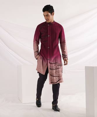 Magenta Carmine Corded Kurta Set 1
