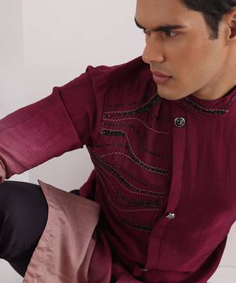 Magenta Carmine Corded Kurta Set 3