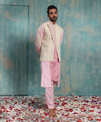 Flax And Salmon Pink Advaith Nehru Jacket Set 1