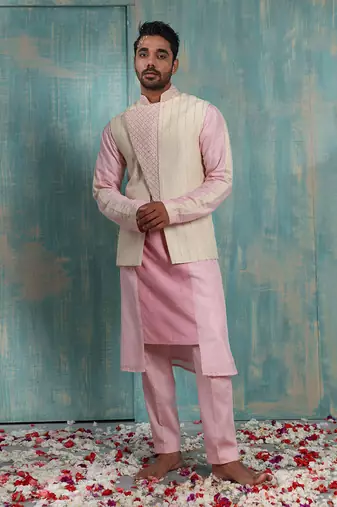 Flax And Salmon Pink Advaith Nehru Jacket Set