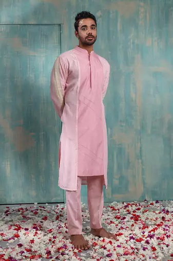 Flax And Salmon Pink Advaith Nehru Jacket Set