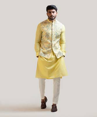 Yellow Silk Nehru Jacket Set 1