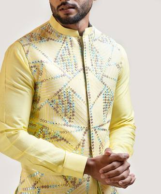 Yellow Silk Nehru Jacket Set 2