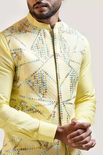 Yellow Silk Nehru Jacket Set