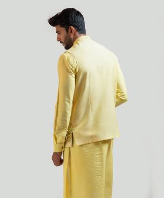 Yellow Silk Nehru Jacket Set 4