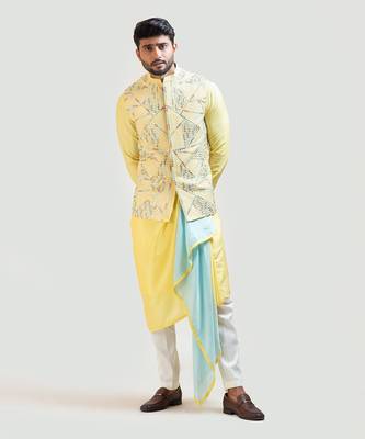 Yellow Silk Mirror Nehru Jacket Set 1