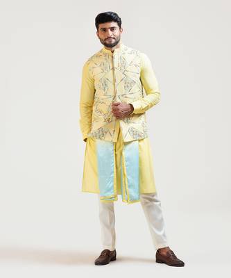 Yellow Silk Mirror Nehru Jacket Set 2