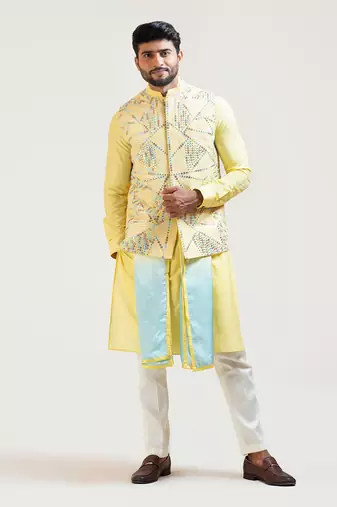 Yellow Silk Mirror Nehru Jacket Set