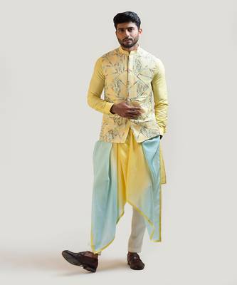 Yellow Silk Mirror Nehru Jacket Set 3