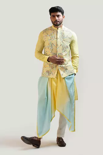 Yellow Silk Mirror Nehru Jacket Set
